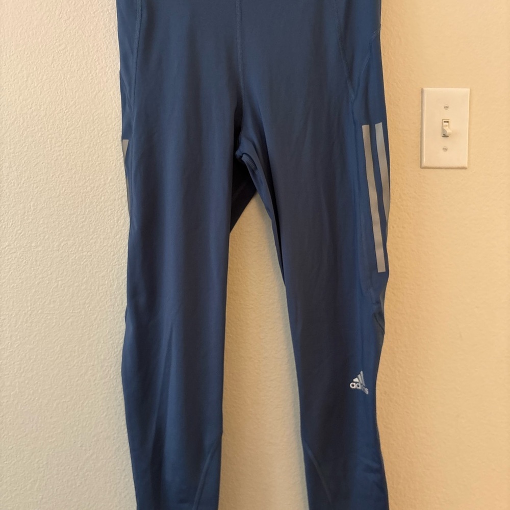 Adidas Women's Blue Leggings with White Stripes